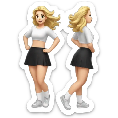 full-body-caucasian-curvy-beauty-jumping-short-black-skirt-back-and-front-views-strong-wind-white-knickers-long-white-socks sticker