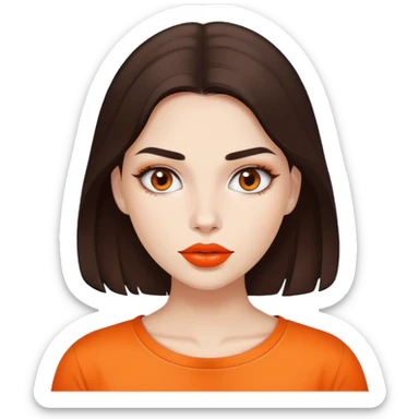 a White beautiful girl white natural lipstick and dark brown hair, and orange shirt sticker