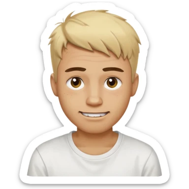 Male with short, messy blonde buzzstyle hair, large expressive golden-brown eyes, brown skin, subtle facial bruises and scratches, crooked smile showing slightly damaged teeth, wearing a plain white t-shirt. sticker