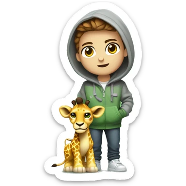 Young cartoon character,
short chestnut hair, green eyes,
grey hoodie, holding controller,
gaming items around, giraffe nearby,
lion cub, playful expression, cool style,
modern look, green background sticker