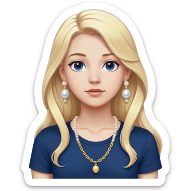 White girl with long blonde hair with a form fitting navy blue shirt with a dainty gold chain and pearl earrings. Make the earrings studs. Make the Shirt a t shirt that’s short sleeve sticker
