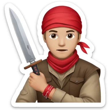 emoji ressemblant a rambo avec un bandeau rouge sur la tete qui tient un couteau hyper réaliste sticker