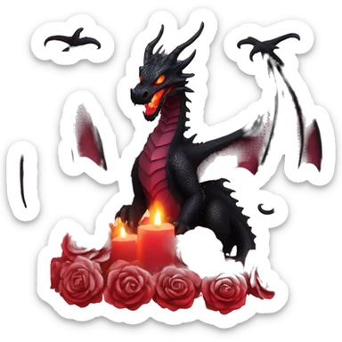 Black dragon breathing red flames, covered in thorned roses, surrounded by lanterns candles and fairy lights sticker