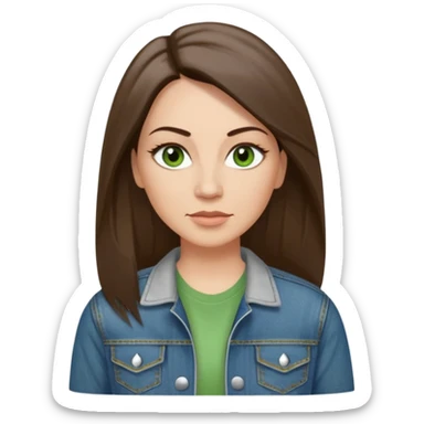 43 year old Adult woman avatar, light skin tone, long, oval face, long straight ashy brown hair, green almond-shaped eyes with dramatic eyelashes and minimal eyeliner, neutral mouth, medium straight eyebrows, small nose, smooth skin,  white t shirt, denim jacket sticker