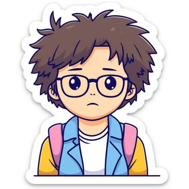 Girl with glasses with messy hair, making a cranky face, refusing to wash her hair sticker