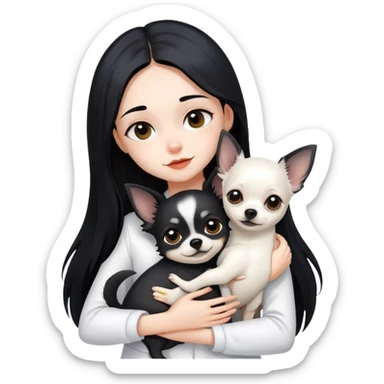 Fair skin girl - long black hair - white clothes - hugging a black chihuahua sticker