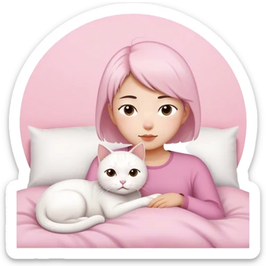 Short hair Asian girl wake up with white cat in pink sticker