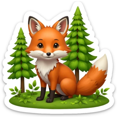 Still life, An adorable furry hyperrealistic Mirco-detailed red fox, in a lush green forest, with many different types of trees and leaves, 4k. Dpi 300. Must not be low quality, must not be low resolution, no emoji faces, no emoji icons. sticker