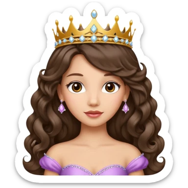 Princess with long glam curled hair, dark brown eyes, light skin tone.  sticker
