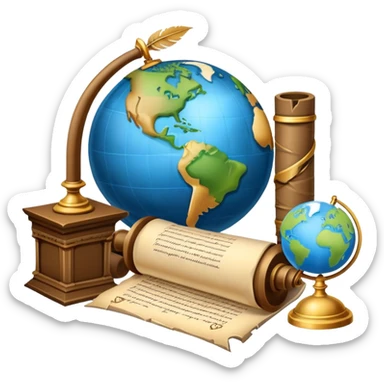 An icon featuring an ancient scroll, a quill pen, and a globe, symbolizing the study of history. The design includes a timeline with significant historical events, with ruins in the background to evoke past civilizations. Transparent background emphasizes the exploration of human history sticker