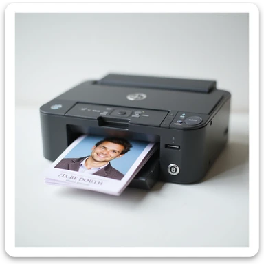 realistic thumbnail image for a passport size photo printing service, showing only a printer and a stack of printed passport photos on a clean background sticker