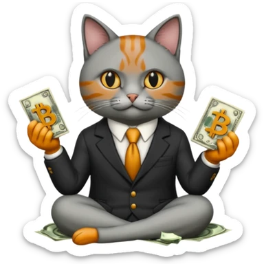 cat mafia corleone sitting on money, bitcoin BTC on hand sticker