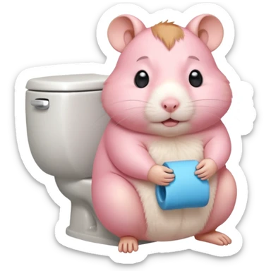 Cute chubby cartoon-style hamster sitting on toilet pooping looking as if he had an accident sticker