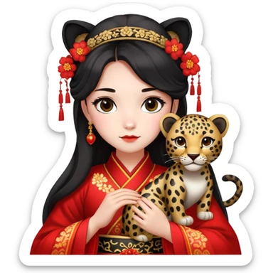 A beautiful girl in red Hanfu wedding dress is holding a black leopard sticker