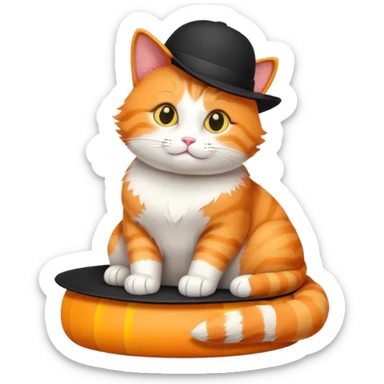 Orange cat sitting in black hat-cilinder with yellow stripe sticker