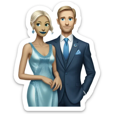 alien reptilian woman in long slim pastel blue formal party satin dress with gradient shiny sparkling navy blue diamonds embroidered , and caucasian man in black dress sticker