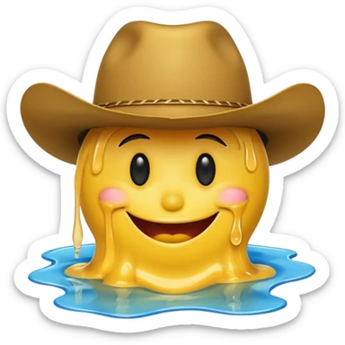 A yellow smiley face melting into a puddle. 

The eyes and mouth slip down the face, yet still maintain a distorted smile. The face is wearing a cowboy hat. sticker