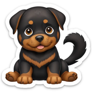 cinematic-[rottweiler]-realistic-full-body-sitting-emoji,-tail-resting-loosely-beside-its-paws,-head-tilted-dramatically, -sleek-[Black and brown]-fur,-simplified-yet-realistic-focused-features,-highly-detailed,-glowing-with-an-almost-sarcastic-glow sticker