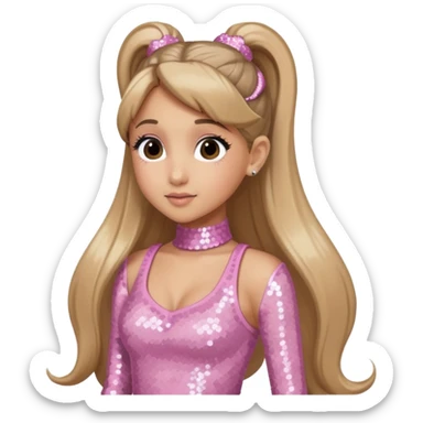 Ariana Grande with long dark blonde ponytail hair, light pink sequin outfit sticker