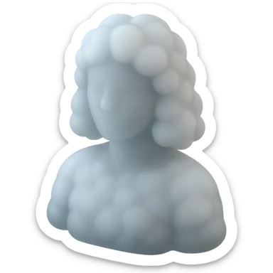 person looking straight ahead, composed entirely of white fluffy convex clouds, shoulder length, matte glass style sticker