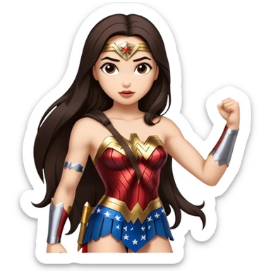 Create a girl with long dark brown straight hair that looks like wonder woman of the social media world sticker
