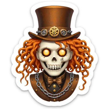 steam punk Megadeth - corpse made of rusty metal with chains on its teeth, huge curly orange hair sticker