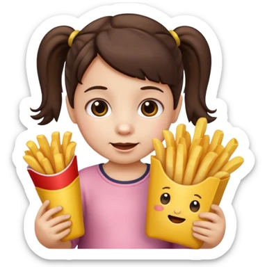 Toddler emoji with two pigtails dark brown hair, fair skin, holding French fries sticker