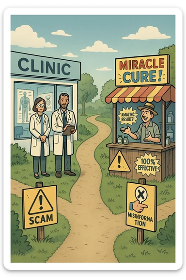 two paths diverge—one leads to a trustworthy clinic with doctors and scientific posters, the other to a shady stand selling “miracle” medicines with exaggerated claims. Signs along the second path warn of scams and misinformation. The scene encourages viewers to choose reliable, science-based healthcare. sticker