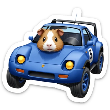 After-race-dirt-covered Midnight blue Local Motors Rally Fighter off road race car being driven by a five foot tall Guinea pig  sticker