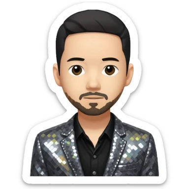 Mike Shinoda with sequin gray suit jacket with black shirt sticker