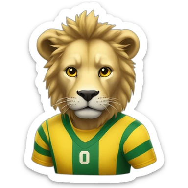 León con pelota de rugby y remera negra y amarilla sticker
