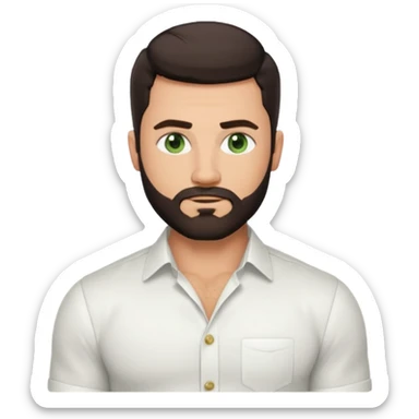 Man with a short full beard, Styled hair, Best looking man in the planet, onepiece style dark hair, green eyes, more realistic style more maskulin. Wearing a white formal shirt, first buttons open macho style, muscular

 sticker