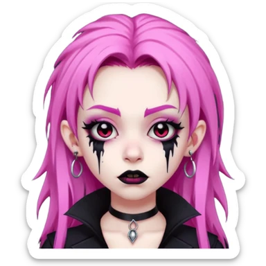 girl, pale black vampire, pink hair, very long, shaggy, dark, spooky,double eyebrow dermal piercing, creepy expression sticker