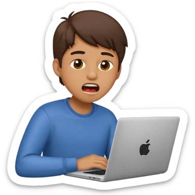 tired student with laptop, window at night behind, mouth open in exhaustion, apple style emoji sticker