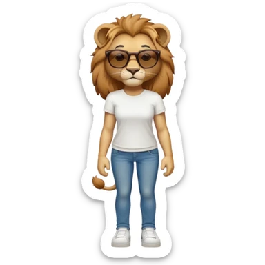 friendly anthropomorphised female lion character, full body, standing confidently with legs shoulder width apart and arms folded, wearing jeans, a white t-shirt, and dark sunglasses, with a determined expression sticker