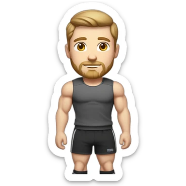 Full height Pale skinned fit man With biceps, Realistic eyes and mouth, light brown hair and stubble In dark gray sleeveless mike, black oversize sports shorts, watch and white sneakers. sticker