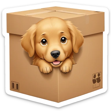  A very cute young Golden Retriever  with one's head tilted to one side poked its paws out of the cardboard big box and placed them on top of it sticker