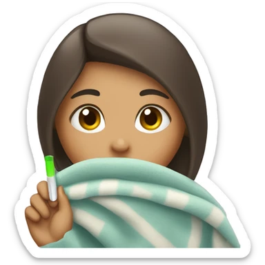A girl who doesn’t feel good with a thermometer and a blanket sticker