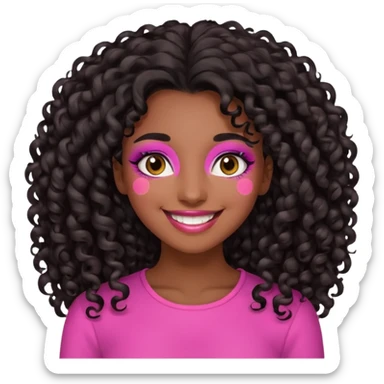 emoji of a cheerful young woman with dark brown skin, long abundant curly black hair, brown eyes, pink-toned makeup, smiling expression sticker