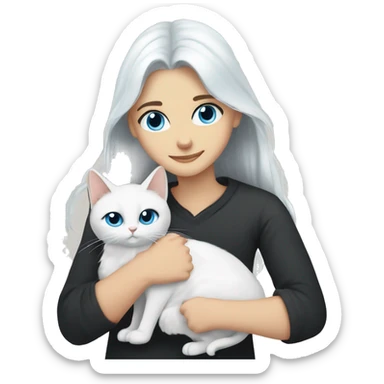a guy with long dark hair and blue eyes and a girl with long white hair and brown eyes hug a white cat with black ears and blue eyes sticker