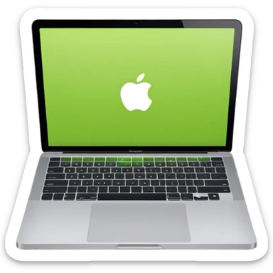 A macbook laptop front facing with its screen showing lime green screen. sticker
