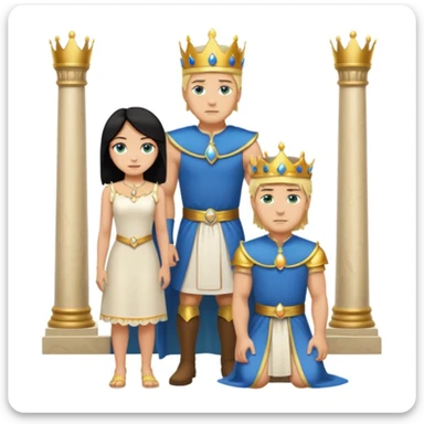 Man as king, standing, black Hair, blue eyes, female Servoamt, blonde, green eyes, shott white sleveless Dress, kneeling, background palace sticker
