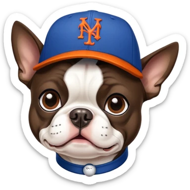 Brown Boston terrier wearing a New York Mets hat sticker