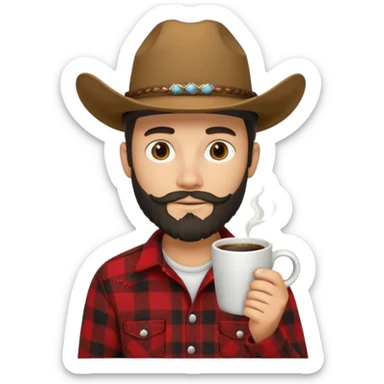 generate an ios genmoji of a 20 year old tan boy with a cowboy hat and side burn beard. Wearing a flannel and carrying a coffee mug sticker