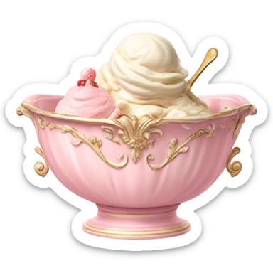 highly detailed vintage pale pink rococo bowl with ice cream sticker