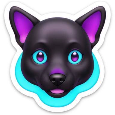futuristic glowing black dog emoji, neon cyan eyes, purple #8B5CF6 highlights, tech minimal style, dark background sticker