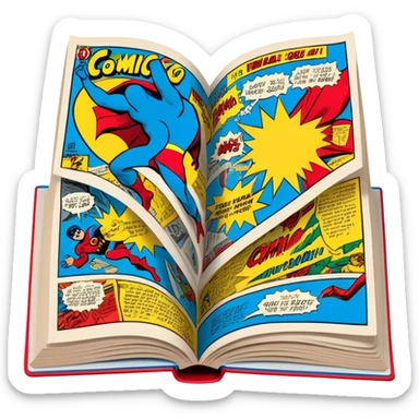 Create a vibrant emoji representing comic books and graphic novels. The design should feature a large, open comic book or vintage comic magazine with pages displaying classic comic art, with text. The comic pages should have bold, dynamic panels and action scenes. Include a pencil writing on the pages, but without a hand, to symbolize the artistic creation of comics. Use bright colors like red, blue, and yellow, with a retro feel to the design. Make the background transparent. sticker