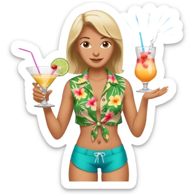 human female Unbuttoned Hawaiian shirt, swim trunks, shaking a cocktail shaker (sparks flying) sticker