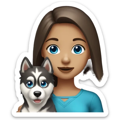 A girl with Brown long hair and blue eyes holding a husky  sticker