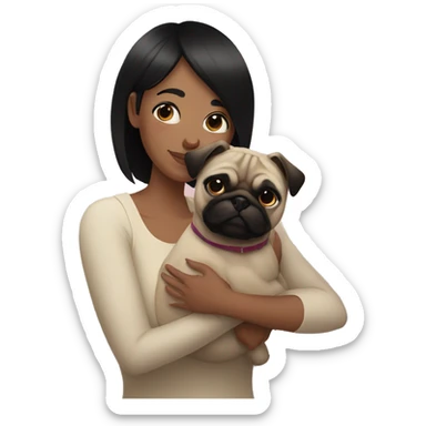 Lesbian woman with Black short hair, causacian skin, hugging a pug sticker